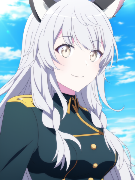 portrait, (solo, 1girl), portrait, (solo, 1girl), day time, medium breasts, (Light Yellow eyes), extra long hair,(White hair) multiple braids, (Blue military uniform), sky, clouds background, best quality, 1girl, dog ears, smile, closed mouth, (anime, waifu, new, newest:1.2), (anime, waifu, new, newest:1.2)
(exceptional, best aesthetic, new, newest, best quality, masterpiece, extremely detailed, anime, waifu:1.2)  <lyco:NotSHAFT_v2-epoch05-Dadapt-WD15BWeeb:1.0>