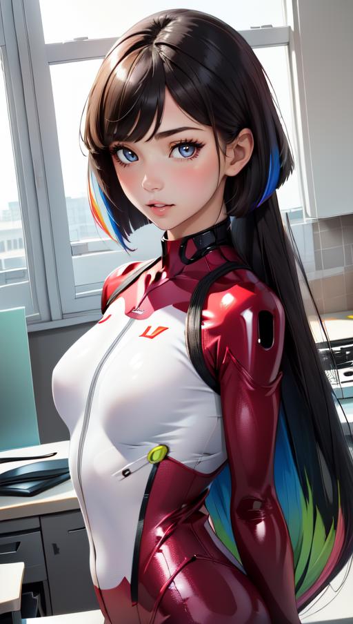 Anime-style woman wearing a white and red outfit with a black collar.