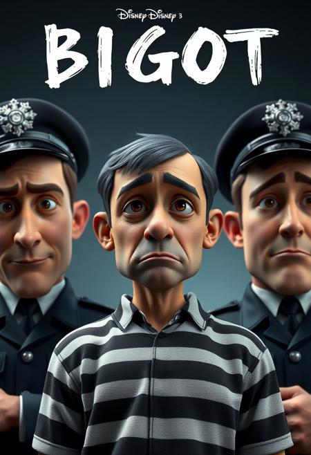 Pixar inspired poster, A perfect masterpiece pixar style movie poster of a pixar disney movie called "BIGOT", the word (BIGOT) is written at the top of poster in black and white sketchy font, the poster shows a close up of three a highly detailed CGI pixar charactes, in the middle a sad man in prisoner clothes, on his left and right two Pixar style British Police men, life-like masterpiece realitic photo, hyper realistic, A photogenic soft scene, digital 4k art, bokeh, depth of field, detailed eyes, 4K, vivid, extremely detailed, perfect anatomy, maximalist, dynamic, absurdres, 8k photography, three point perspective, Ultra-realistic, Hyperrealism