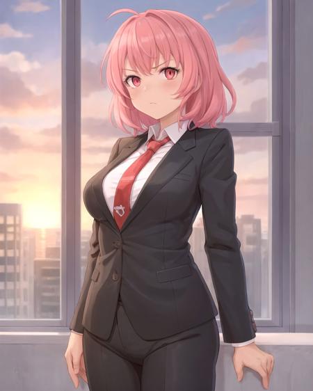 cowboy shot, pink hair, medium hair, red eyes, serious, breasts, black suit, formal suit, red necktie, office, window, sunset, <lora:Sokunasu-10:0.5>