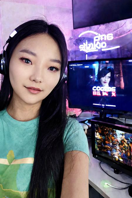<lora:CodeMiko-000014:1>  Codemiko, Korean woman, black hair,
solo, realistic, lips, looking at viewer, long hair, black hair, brown eyes, slight smile,  headphones, gaming, sitting at desk, neon lights in background,