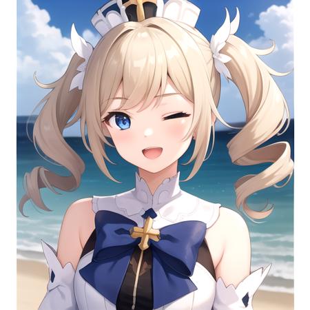 ((masterpiece)),(best quality),official art,extremely detailed CG,unity 8k wallpaper,ultra detailed,A lighthouse on a cliff by the sea,1girl,solo,upper body,(portrait:1.2),looking at viewer,twintails,one_eye_closed,blue_eyes,long_hair,;d,white_dress,white_pantyhose,blonde_hair,smile,star_\(symbol\),hat,twin_drills,drill_hair,bangs,latin_cross,blue bow,hair_ornament,frilled_dress,long_sleeves,bare_shoulders,white_headwear,detached_sleeves,medium breasts,<lora:Barbara(gen)>,