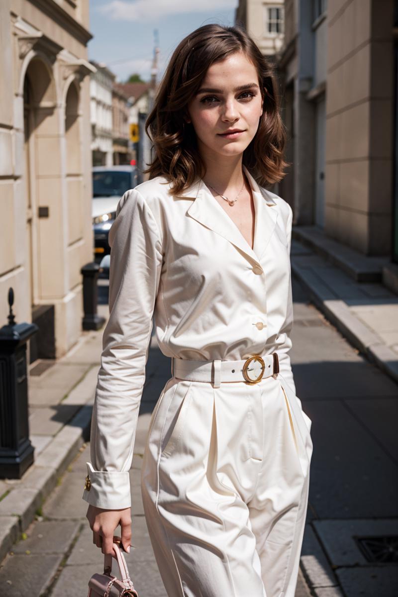 A woman wearing a white coat and a belt walking on a city sidewalk.