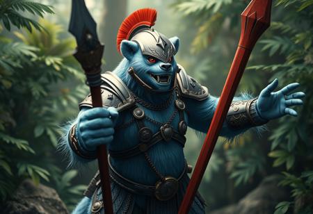Light blue bear creature, Gladiator Beast Andal concept, armored, black helmet, red visor, holding red stick, dynamic pose, outstretched arms, focal point. Lush jungle dweller background, isometric view. Cinematic, hyperrealistic, ultra detailed 8K concept art, Octane Render, Unreal Engine 5, detailed oil on canvas painting, Splash Ink Illustration, Grammer Effect Style, Houdini Style, Raphael influence, CGSociety, trending on Artstation, exceptional quality, super detailed, stunning multi colors, captivating moody lighting, impeccable composition, golden ratio, creative angle.