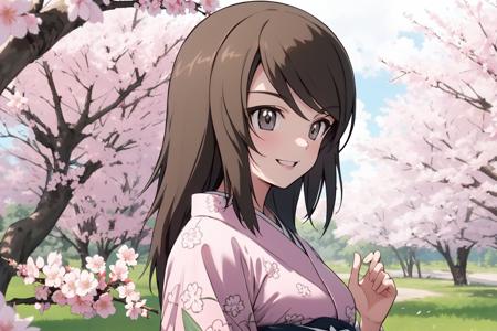 (RAW photo, best quality), 1girl,  natural lighting, smile, 
<lora:girls_und_panzer_mika_v1_2:1>, mika (girls und panzer), spring. cherry blossom, beautiful kimono, upper body,