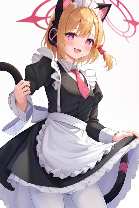 masterpiece, best quality, highres, solo, {momoi_bluearchive:1.10}, animal_ears, blonde_hair, fake_animal_ears, headphones, animal_ear_headphones, cat_ear_headphones, bow, halo, hair_bow, bangs, short_hair, open_mouth, pink_eyes, blush, necktie, tail, blue_necktie, cat_ears, cat_tail, red_bow, red_eyes, 1girl, alternate_costume, black_dress, dress, long_sleeves, maid, maid_headdress, apron, looking_at_viewer, smile, :d, sidelocks, enmaided, frills, simple_background, white_background, holding, maid_apron, blue_bow, pantyhose, ribbon, white_apron, white_pantyhose