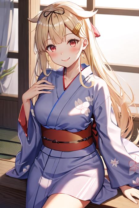 best quality, masterpiece, highres, solo, {yukata:1.40}, {kimono:1.20}, {yuudachi_kantaicollection:1.15}, long_hair, blonde_hair, ribbon, hair_ribbon, hair_flaps, hair_ornament, red_eyes, hairclip, black_ribbon, smile, blush, serafuku, breasts