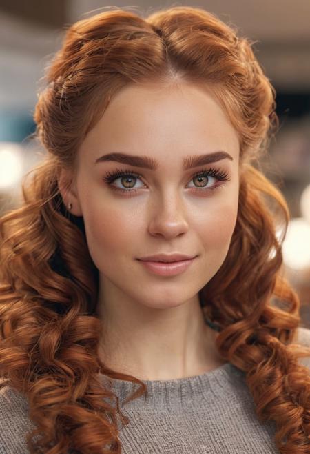 1girl, half-polish, slavic, angloirish, portrait, headshot, cute model, Long thick Maxi Skirt, Knit tube top, swept back hair, alluring smile, working at a clothing store, perfect eyes, highly detailed beautiful expressive eyes, detailed eyes, 35mm photograph, film, bokeh, professional, 4k, highly detailed dynamic lighting, photorealistic, 8k, raw, rich, intricate details, identical iris, curly auburn hair