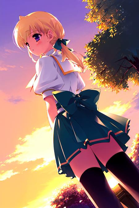 ((masterpiece, high quality, best quality)),
1girl, solo, thighhighs, sunset, lamppost, looking back, tree, school uniform, dutch angle, skirt, white thighhighs, purple eyes, blush, sky, blonde hair, outdoors, cloud, bow, ribbon, from behind, zettai ryouiki, twintails, hair bow, 
<lora:gayaro-style_v1.0:0.8>