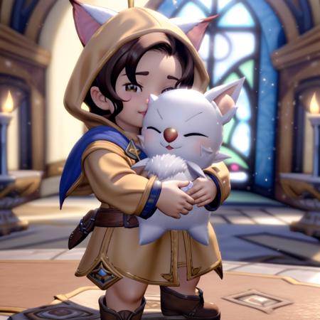 <lora:detail_slider_v4:1>masterpiece,  high quality, krile14, standing, <lora:FFXIV_Moogle:0.7>  hugging a Moogle_FFXIV plushie