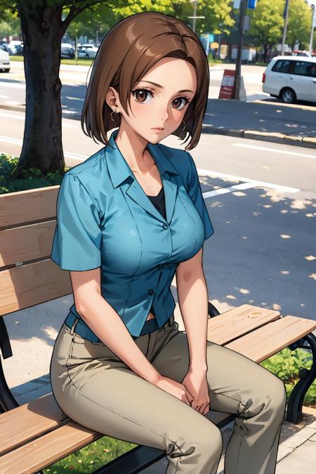 masterpiece, best quality, <lora:kinue-nvwls-v1-000009:0.7> kinue, earrings, blue shirt, short sleeves, capri pants, sitting, park bench, looking at viewer, nervous, large breasts