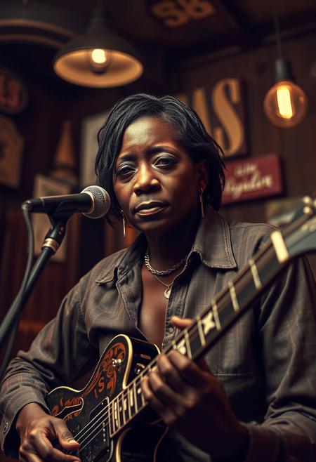 A high-resolution stock photo of Robert Johnson in a gritty Alabama bar, showcasing a charismatic lone lady with a sad ending. The image uses a muted color palette of browns and beiges, a deconstructed portrait style with layered textures, and a dynamic composition.