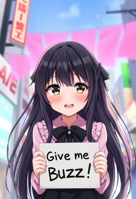 score_4,score_5,score_6,score_7_up,score_8_up,score_9 ((masterpiece,best quality,ultra detailed,highres,HD,4k:1.2)), 
1 girl,solo,face focus,
fuyuko mayuzumi, black hair, brown eyes, long hair, two side up,
black bow, black bowtie, black ribbon, black skirt, bow, bowtie, frilled shirt, frills, jirai kei, long sleeves, neck ribbon, pink shirt, ribbon, shirt, skirt, white shirt,
(("Give me Buzz.",Beggars Borad,Holding a sign, holding a sign that says, "Give me Buzz."))
open mouth,happy,blush, looking at viewer, smile,