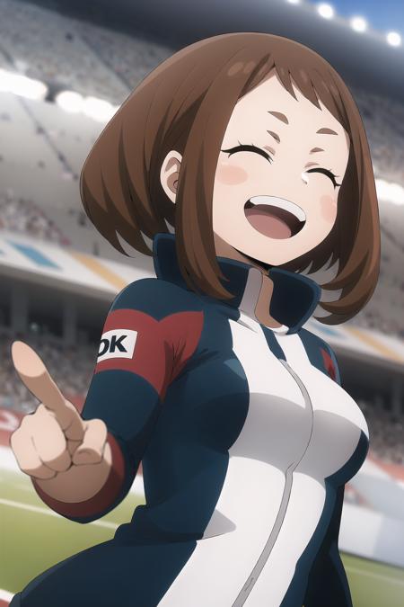 ochaco_uraraka, 1girl, closed_eyes, smile, solo, open_mouth, blush_stickers, clenched_hands, blush, jacket, upper_body, stadium, teeth, track_jacket, :d, breasts, blurry_background, blurry, facing_viewer, ^_^, happy, track_suit, long_sleeves, sportswear, outdoors, upper_teeth_only, wristband, depth_of_field, day, blue_jacket, indoors