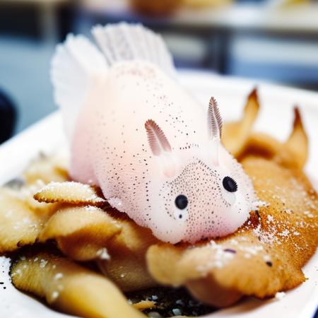 a very cute and adorable pinkish white jorunna eating a french fry at wendy's <lora:seabnuuys-000460:0.8>