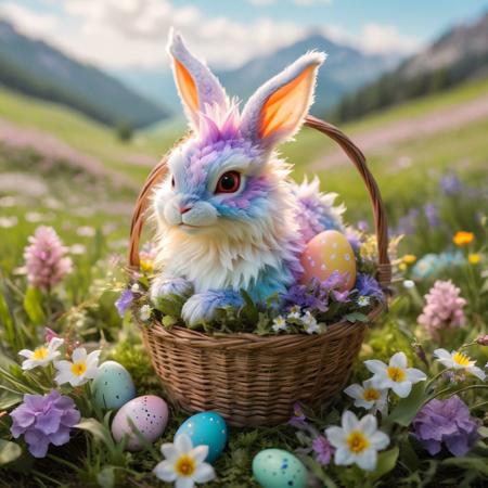 Easter egg, pastel colors, soft lighting, fluffy bunny, baby dragon, meadow, wildflowers, springtime, basket, vibrantly colored, sunlight dappled, detailed fur, hatchling, scales shimmering, adorable, curious