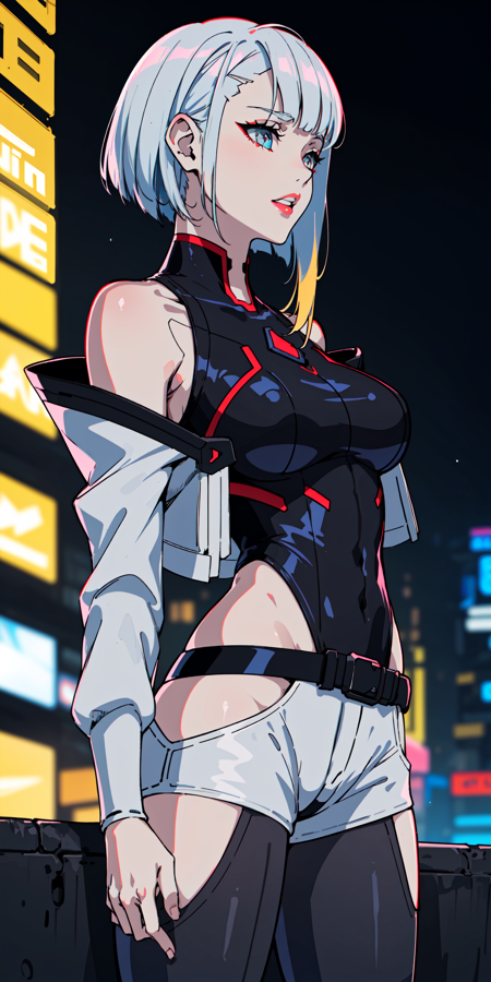 masterpiece, best quality, beautiful lighting, (lucy \(cyberpunk\), 1girl, against railing, arm rest, bangs, bare shoulders, belt, black belt, black leotard, black pants, blurry, bob cut, breasts, building, cityscape, clothing cutout, cropped jacket, cyberpunk, depth of field, from side, gradient eyes, grey eyes, grey hair, jacket, leotard, lips, long sleeves, looking afar, looking ahead, mechanical parts, medium breasts, multicolored eyes, multicolored hair, night, night sky, off shoulder, open clothes, open jacket, outdoors, pants, parted lips, railing, red eyeliner, science fiction, short hair with long locks, short shorts, shorts, sidelocks, sky, solo, standing, teeth, thigh cutout, upper teeth only, white jacket, white shorts, cyberpunk \(series\), cyberpunk edgerunners, RAW photo, 8k uhd, film grain <lora:lucy_offset:1>