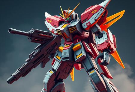 Generate a high-quality image of a mecha with a gun, Skyfire, in a sarcastic pose, with a focus on vibrant colors and realistic textures. The image should be in the style of Disneypunk and have a hyper-realistic quality, with flat grey and red-yellow colors. Incorporate elements of a trench crusade and ensure the image is exploitable and beautiful. The mecha should have an official details photo and be restored to its original color. Please provide the image in a coherent and symmetrical composition, with the other mecha in the background used for flight. Output should be in Unreal Engine or Octane Render style.