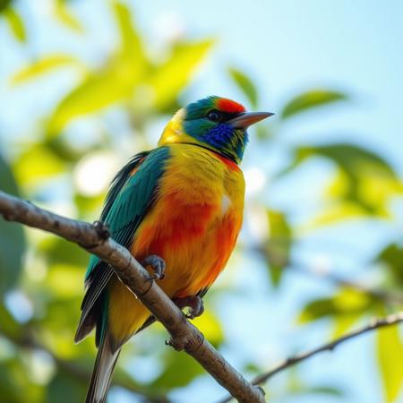 "A clear and colorful photo of a bird sitting on a tree branch. The bird has bright feathers that shine in the sunlight. The background is soft and blurry, showing green leaves and blue sky. The bird looks peaceful, and the whole scene feels calm and natural. The image captures the beauty of nature and the joy of photography."