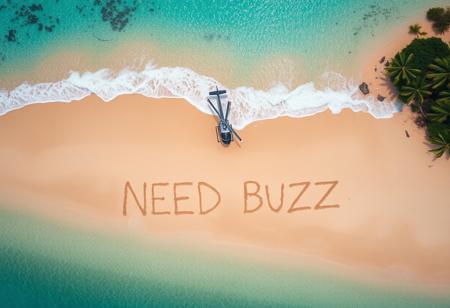 Helicopter aerial view of tropical desert island beach where there is written text on sand by a survivor "NEED BUZZ"