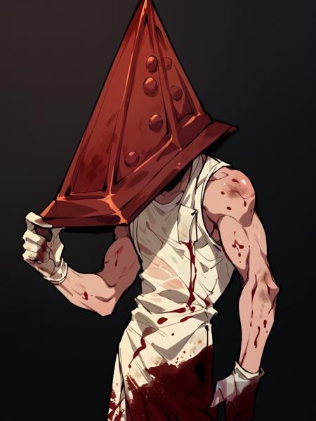 pyramid head, male focus, solo, muscular, helmet, pale skin holding sword,