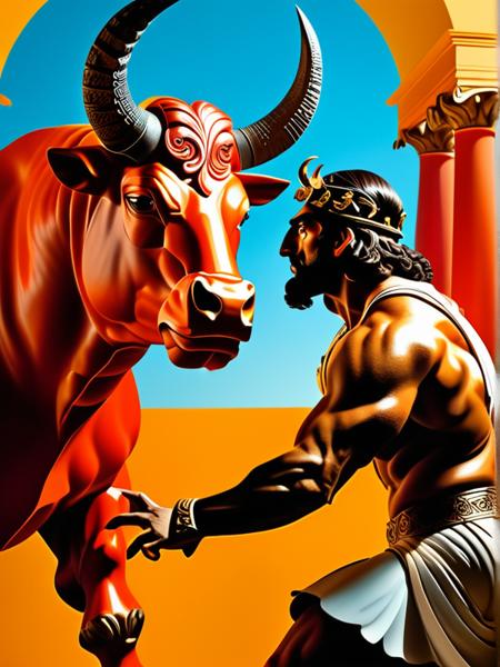 <lora:MJ52:0.4> mj multiple figures, theseus fighting the minotaur, greek mythology, art and illustration, in the style of balanced symmetry, detailed facial features, meticulous portraiture, complex patterns, colorful, surreal, sharp focus, set background, incredible fine detail, very coherent, cinematic, stunning composition, unique, epic, great artistic, perfect light, attractive, elegant, delicate, highly elaborate, vibrant color, ambient atmosphere, inspired, rich deep
