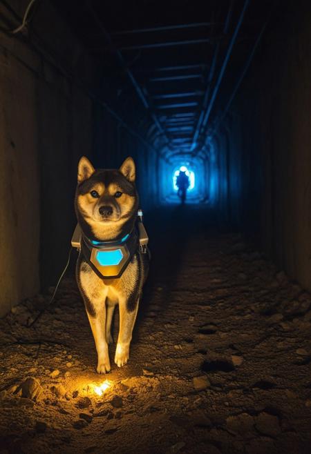 kipo, shiba inu, sci-fi, epic, 
dramatic lighting, backlight,
spacesuit, smoky, walking down tunnel,
glowing neon lights, many broken robots, blurry background