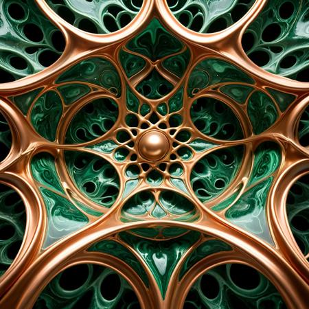 Incredibly smooth liquid copper and malachite create a seamless, abstract representation of Jackson Pollock's art, imbued with the golden ratio. MC Escher and airy elven fantasy architecture meet and give birth to something wondrous and overwhelming.