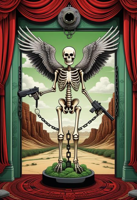 punk skeleton holding a gun, shepard fairey style , Majestic Eagles, Electronic Ink Displays, Lush Green Valley, Cloud Computing Facility, (zentangle, mandala, tangle, entangle:0.6), Kerberos ,red,chains,The Captive Angel,4 devil,slave,puppet,desert,black hole gate,curtain,ship, (Hyperreal:1.4), (((full body shot:1.5))), raw, emotional, dynamic, distortion for emotional effect, vibrant, use of unusual colors, cute cinematography, (realistic, photo realistic:1.4), detailed eyes, detailed face, detailed skin