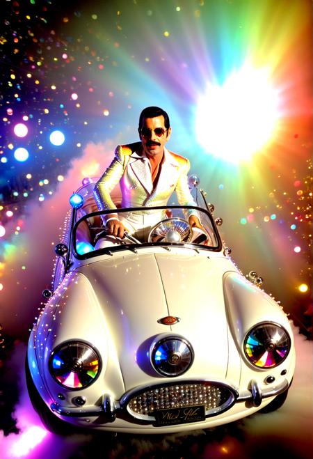 Haute Couture freddie mercury driving a mini sh3lby car, speed, fast, psychedelic smoke,las vegas, sunglass,, white, cinematic light, (disco ball:1.1), leather, gay,,, Haute Couture, often for exclusive fashion, custom-fitted garments, or high-end design.