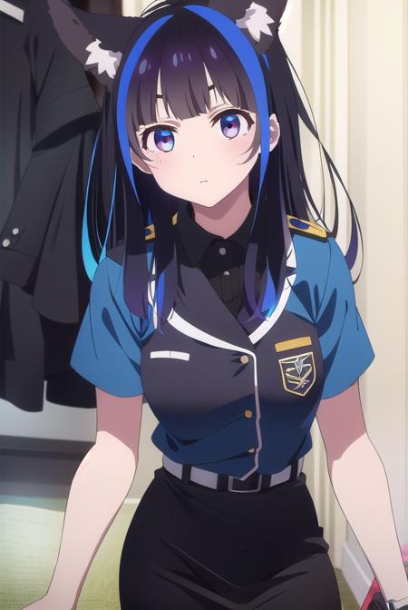 mini yaemori, long hair, bangs, black hair, blue hair, (purple eyes:1.1), multicolored hair, blunt bangs, streaked hair, ahoge, shirt, white shirt, short sleeves, clothes writing, skirt, shirt, animal ears, short sleeves, collared shirt, belt, cat ears, black skirt, uniform, animal ear fluff, parody, blue shirt, pencil skirt, black belt, police, police uniform,