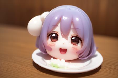 (soft azuki bean jelly in the shape of a little girl's head and melty agar sitting on a plate:1.2), :D, kawaii, a surrealist sculpture, (rough powdery face:1.2), looking_down, from side, nendoroid, (yukkuri_shiteitte_ne:1.5),(bangs:1)