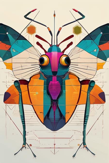 <lora:artfullyinsect_-_v1:0.5>,the front of a new card showing a insect,an abstract graphic of an abstract colorful thing,this colorful illustratio is very abstract,architectural illustrator,colorful minimalism,detailed rendering,fragmented planes,inventive character designs,in the style of multifaceted geometry,in the style of futuristic cyberpunk,hyper-realistic animal illustrations,kimoicore,loose,majestic composition,mechanica,de,gns, textured illustrations, symmetry, staining