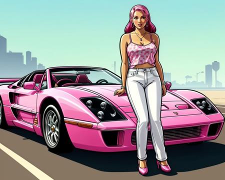 <lora:GTA_Style:0.8> GtaSA2004 cartoon of a woman wearing pink printed top, white jeans, sports car,