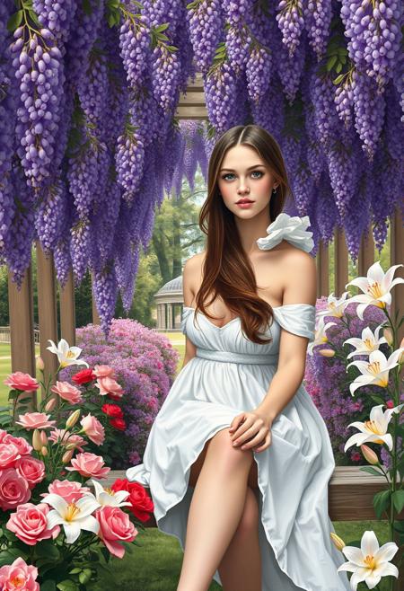 A masterpiece painting of a close up of a young woman seated on a wooden bench beneath a sprawling arbor covered in park purple wisteria vines. She is dressed in a light, flowing low-cut summer dress off the shoulder, long stockings without shoes, with a flirtatious expression. Surrounding her are lush flower beds with vibrant roses in pink, red, and white, detailed with morning dew drops, alongside tall, elegant lilies in white and pink. In the distance, partially obscured by trees, a vine-covered gazebo is visible. the wind lightly blows her hair and dress around. Graceful, beautiful, aesthetic. (slender, timelessly beautiful face with freckles on her nose, long hair, brown hair, expressive blue eyes, soft pale skin.)