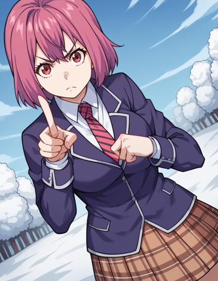 <lora:hisako-arato-s1-ponyxl-lora-nochekaiser:1>, hisako arato, short hair, red eyes, pink hair, large breasts, skirt, school uniform, jacket, pleated skirt, necktie, striped, plaid, plaid skirt, blazer, striped necktie,