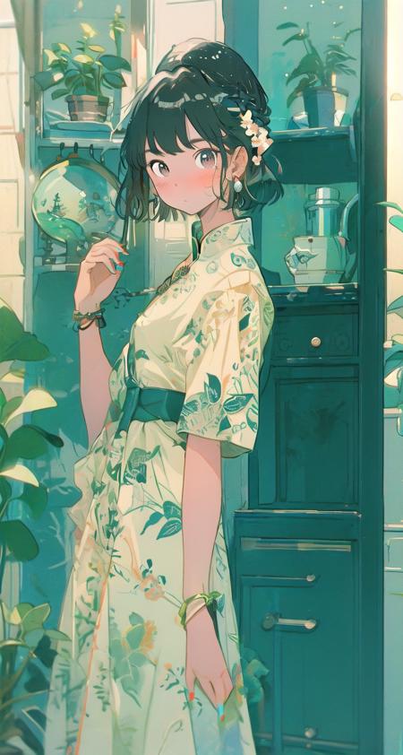 1girl, plant, solo, jewelry, earrings, potted plant, black hair, dress, looking at viewer, short sleeves, bangs, blush, brown eyes, floral print, indoors, bracelet, standing, shelf, short hair, hair ornament, print dress, nail polish, blue dress, medium hair, braid, chinese clothes, closed mouth <lora:oldtime:1>