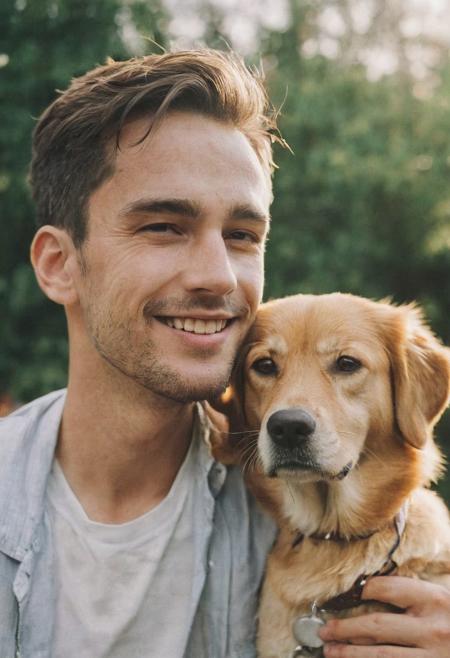 cinematic film still fashion photography portrait of 1man with cute dog as companion, headshot, sunlight , Fine Art & Beauty Photography – ,,light diffraction in frame, dreamy,hazy look.  Helios 44-2 lens mounted on a Praktica MTL 5B Helios 44M-4 lens, 58mm f/2,   in a garden. authentic happy smile towards camera, <lora:hand 4:0.3>