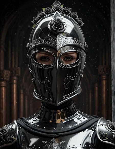 1080x1400, 1080 x 1400; Amidst the opulent court of a queen, one knight stands out. Clad in blackened plate armor, polished to a mirror sheen, she is known as the Iron Rose, the queen's most trusted protector. Her helmet, adorned with a single, exquisite rose crafted from iron, never leaves her side, a symbol of her unwavering loyalty and the iron will that lies beneath her stoic exterior., black face shield, All surface textures are highly realistic and varied, even on the same surface, showing the attention to detail of reality, and the painstaking time taken to craft this image. Even things like eyelashes are in some areas slightly more or less sparse and varied to ensure a realistic appearance, and this level of care applies to every centimeter of the picture. In reality, things are rarely perfect, and flaws are considered beautiful, and this image embraces and uses these flaws to create true believable beauty. From the varying textures of surfaces, each one bringing something new and unique to the composition, and the imperfections or random variation in anatomical configurations, each things is perfect in its imperfection, The most compelling work of art ever produced, every intricate detail holding a narrative or philosophical concept that entrances. The entire composition is lauded by the modern masters as truly mesmerizing, the artwork itself considered by some too sacred to even show the common world. The work is dynamic and complicated, with multiple forms of media layered in complex and innovative ways, at times mind-bending in the creative solutions the artist found to produce what is lauded as the only truly creative work ever produced by mankind