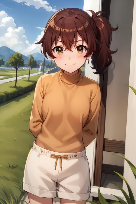 best quality, masterpiece, detailed,
<lora:ImoutoSaeIrebaIi_HarutoImouto-000010:0.8>, HarutoImouto,
solo, closed mouth, blush, light smile,
brown hair, brown eyes, side ponytail,
turtleneck, orange sweater, white shorts,
standing, arms behind back, looking at viewer,
outdoors, sky, grass, clouds