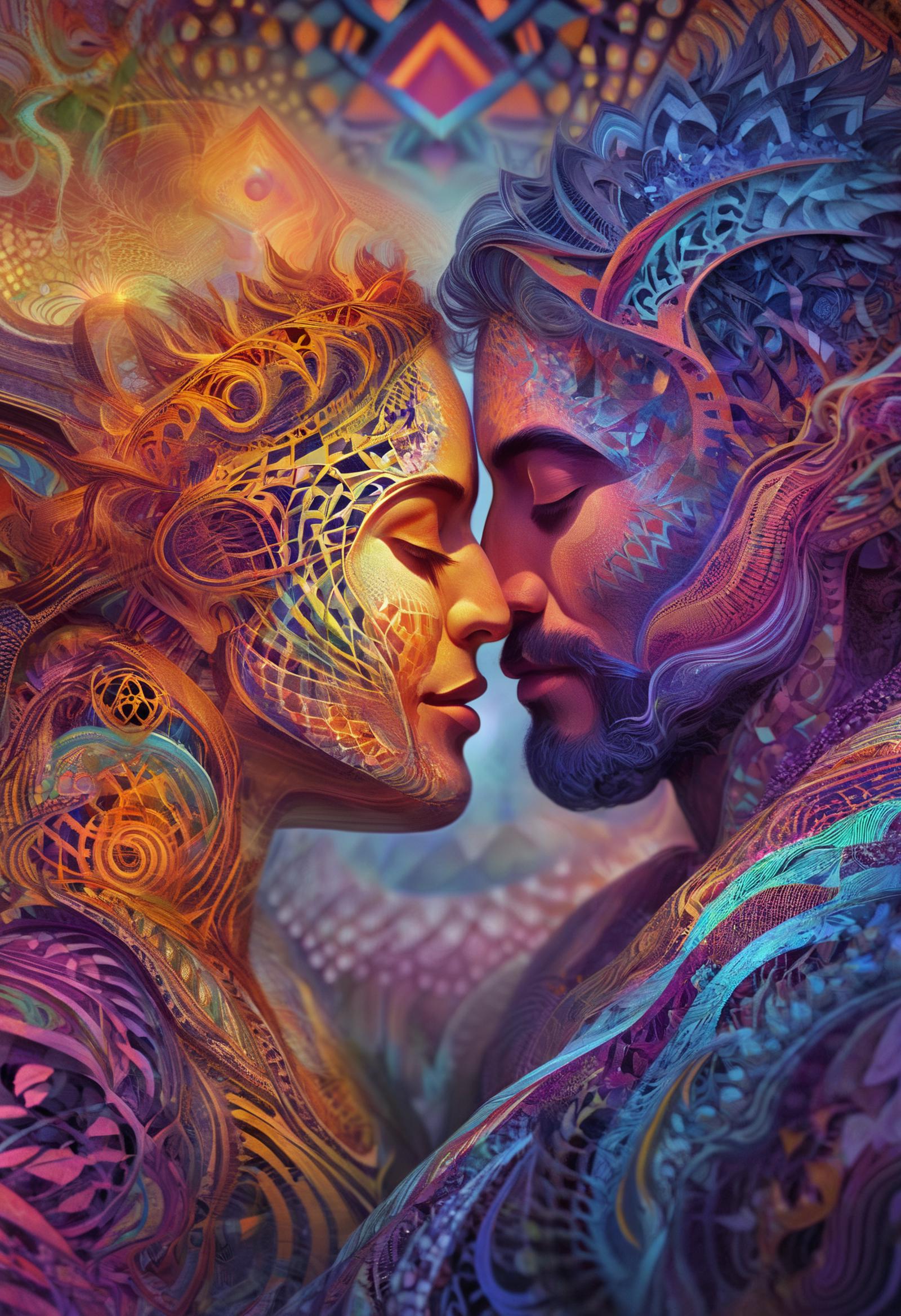A colorful painting of a man and a woman kissing.