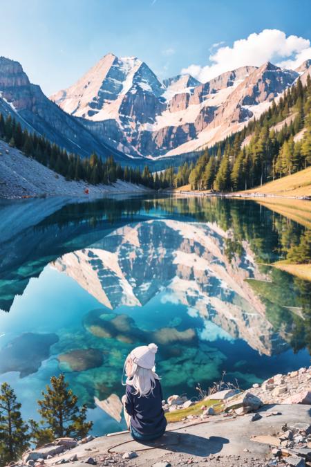 mountain, lake, <lora:mountain-10:0.6>, sitting, from behind, looking up, beanie