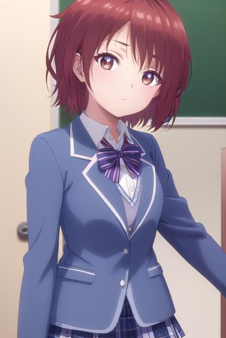 chitoseshirakawa, <lora:chitose shirakawa s1-lora-nochekaiser:1>,
chitose shirakawa, short hair, (brown eyes:1.5), red hair,
BREAK skirt, bow, school uniform, jacket, pleated skirt, plaid, plaid skirt, blazer, cardigan,
BREAK indoors, classroom,
BREAK looking at viewer, (cowboy shot:1.5),
BREAK <lyco:GoodHands-beta2:1>, (masterpiece:1.2), best quality, high resolution, unity 8k wallpaper, (illustration:0.8), (beautiful detailed eyes:1.6), extremely detailed face, perfect lighting, extremely detailed CG, (perfect hands, perfect anatomy),