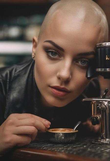 Award winning full body (nude) photograph of young woman, short height, curvy, naked, punk, shiny bald shaved head, piercings, saucy expression, sheer top, (naked below waist), belly, bald pussy, wide hips, big round ass, curvy short (thick) legs, drinking from tiny espresso cup next to huge copper brass wood steampunk style espresso machine (belching steam everywhere), shot from above, 85mm, 
soft natural early morning light, ultra realistic, realistic skin, detailed skin, skin imperfections, skin fuzz, highly detailed eyes, realistic vagina, extremely detailed, beautiful hands, Rembrandt style light, 8k resolution, bokeh, masterpiece, 35mm, Hasselblad body
(masterpiece:1.2), sharp image, analog style, award winning photo, best quality, (shot with kodak 400:1.1), sharp, skin pores, (freckles:0.6), (film noise:1.2), , darkshot, natural skin, sharp focus, emotional, harmonious, vignette, 4k epic detailed, shot on kodak, 35mm photo, sharp focus, high budget, cinemascope, moody, epic,  gorgeous, film grain, grainy, 0mm. cinematic 4k epic detailed 4k epic detailed photograph shot on kodak detailed cinematic hbo dark moody, 35mm photo, grainy, vignette, vintage, Kodachrome, Lomography, stained, highly detailed, found footage, sharp focus