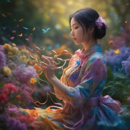 Macro photography featuring a human figure immersed in a serene garden, bursting with colors akin to an enchanted landscape, intricately detailed with a ribbon swirling to the periphery, captured by the skilled lens of Miki Asai in a Razumov style portrait, trending in the artistic community on Artstation, presenting impeccable sharpness on focus, giving life to trivial elements, all masterfully shot in a studio setting, secret g