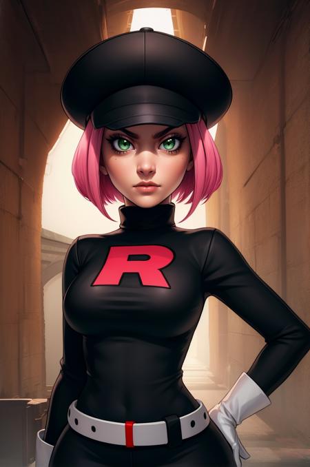 rcketgrunt,short hair,pink hair,green eyes,
black team rocket uniform,hat,belt,white gloves,black turtle neck,long sleeves,
solo,upper body,standing,serious,black miniskirt,
secret base,
(insanely detailed, beautiful detailed face, masterpiece, best quality),<lora:RocketGrunt:0.8>,