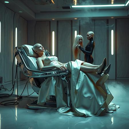 A slender, totally bald, arrogant  rich norvegian bride, reclined in a polished steel restraint fetish chair, dressed in a luxurious, rich fantasy satin wedding gown with a fitted, boned corset accentuating her ultra-thin waist. and a full, flared skirt, paired with satin high heels, orgasm face. The massive electrodes holding her head pressed to the steel restraint chair headrest,  cabled to a  futuristic superconputer rack. Her hands and ankles are bound to the steel restraint chair   by massive steel restraints,   weird fog from the floor.  (Tall  maid in blak latex catsuit   holding her blonde long haired wig at background) The scene is set in a sterile, empty chamber, with a glossy mother-of-pearl finish, evoking a sense of futuristic dread. Inspired by the cinematic styles of Ridley Scott, Guillermo del Toro, and H.R. Giger, with a blend of sci-fi and horror elements, this full-body portrait is a masterpiece of cinematic storytelling, shot on a virtual v-raptor XL camera, with a warm, film-grained aesthetic, subtle vignette, and rich color grading, reminiscent of 35mm film, with dramatic, atmospheric lighting, inviting the viewer to immerse themselves in this epic, stunning scene.