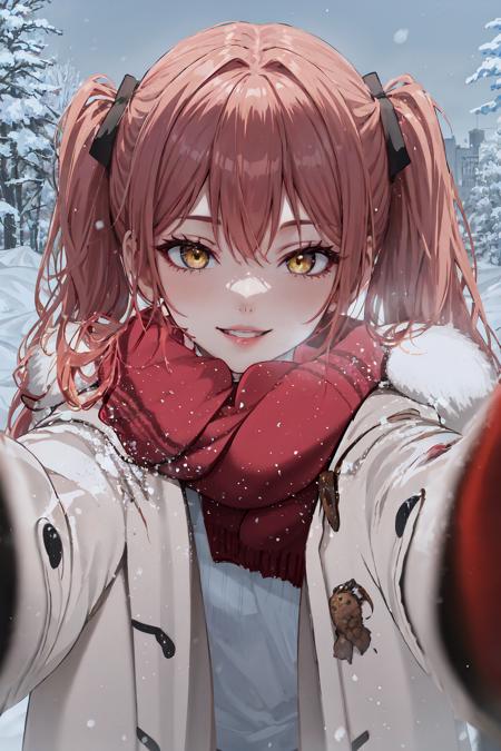 IncrsChkWarmingMeme, <lora:PovCheekWarmingMemeV2:1>, winter clothes, red scarf, breath, seductive smile, turtleneck, parted lips, looking at viewer, red hair, twintails, very long hair, yellow eyes,