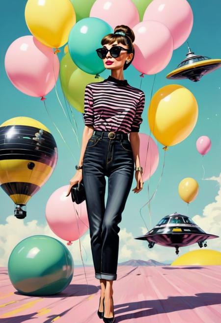 (Centrifuge  dramatic brush strokes Cute colors Audrey Hepburn visuals:1.18), wearing black stripes shirt, long denim, donning sun glasses by CK, pale pink green and yellow, full body, colorful spaceships in blackground, curcle shape balloons,