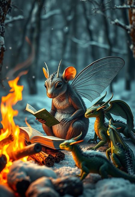 surreal VFX, big half -rat half-fly  creature with transparent wings low on the body, silver antennae and chubby neck sitting by  a  big campfire and reading an only one  old book of fairy tales, sitting with a group of little green dragons with dark green wings seen under an electron scanning microscope, with details, snow, snowy, winter forest, vivid colors